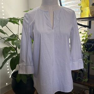 Lafayette 148 New York Navy & Metallic Pleated Sleeve Blouse NWOT